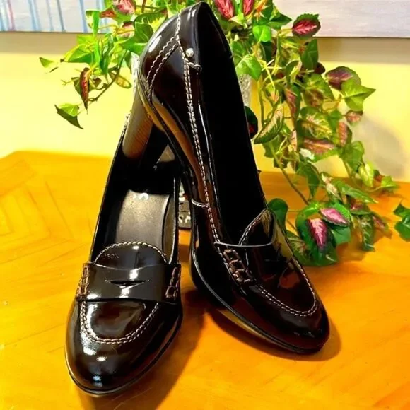 NEW GEOX RESPIRA BROWN/BURGUNDY PATENT LEATHER LOAFER HEELS EU 36 / US 6